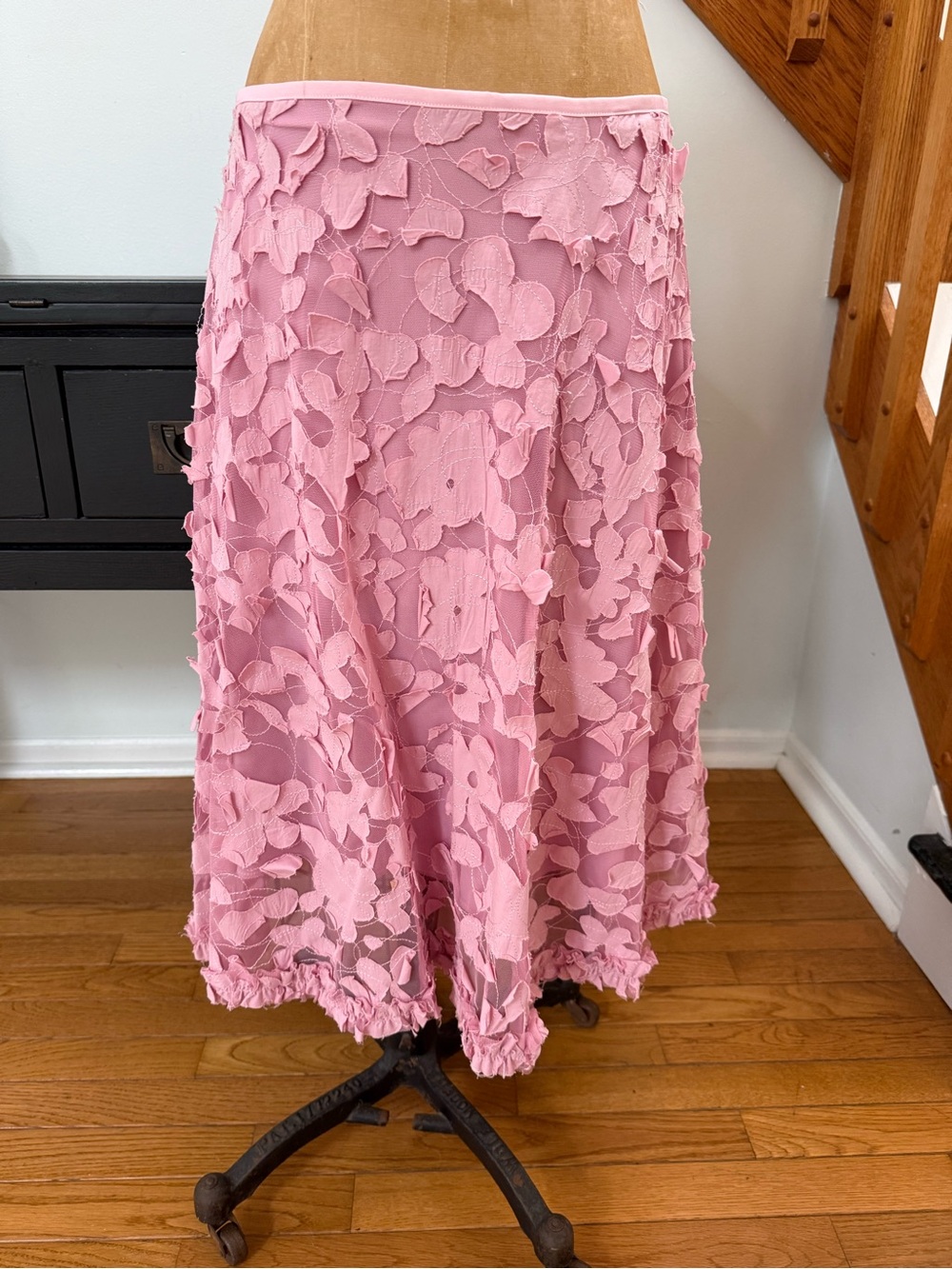 Pink Floral Appliqué A-Line Skirt